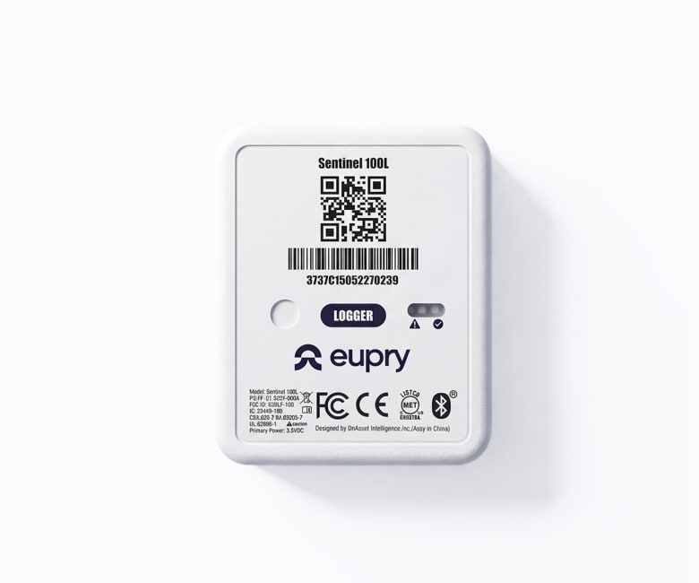 Back view of Eupry Sentinel 100L Bluetooth data logger showing QR code, barcode, serial number, and Logger label