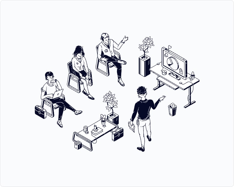Isometric illustration of four colleagues in an office collaborating, with a monitor displaying a chart, plants, and laptops.