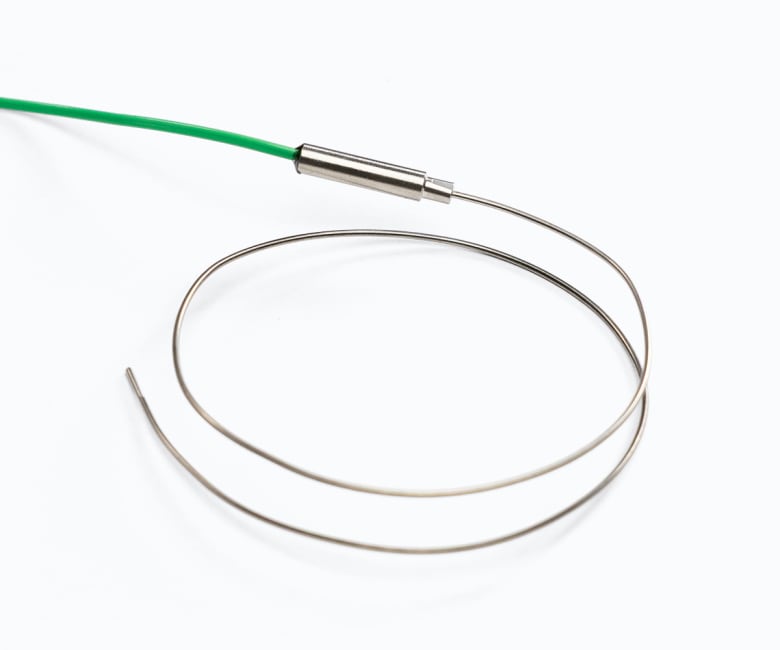 Coiled stainless steel temperature probe wire with green cable and metal connector fitting