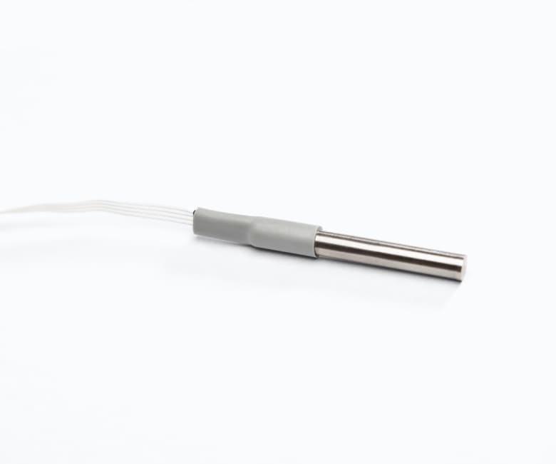 Stainless steel temperature probe with gray strain relief and white cable leads on white background
