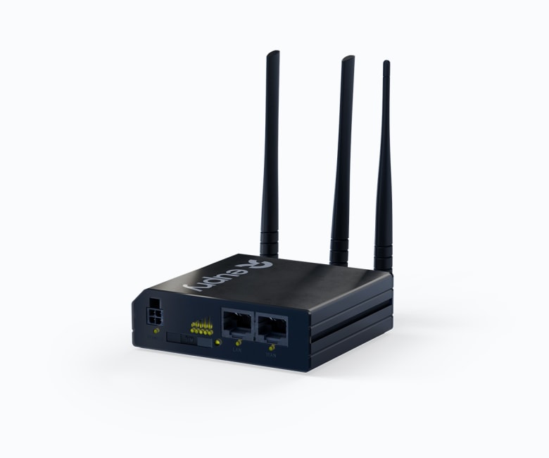 Eupry cellular LTE router with three antennas, SIM card slot, LAN and WAN Ethernet ports, dark blue enclosure