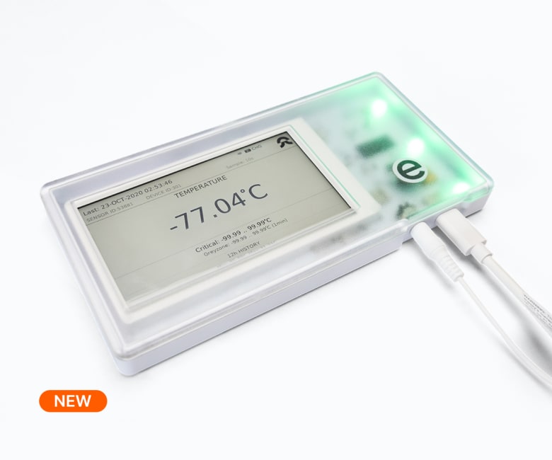 Eupry temperature data logger displaying 24.5°C with red alarm light, e-ink screen showing min/max readings and battery level