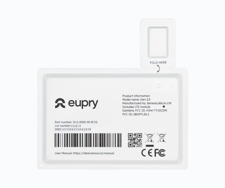 Back of Eupry Gen 2.0 temperature logger showing product label with IMEI, FCC ID, barcode, QR code, and fold-here SIM tab