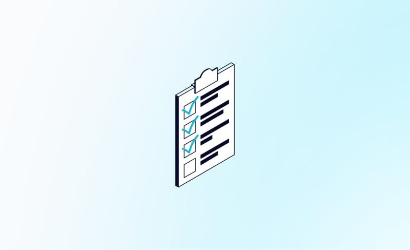 Isometric illustration of a clipboard checklist with four teal checkmarks on a light blue gradient background