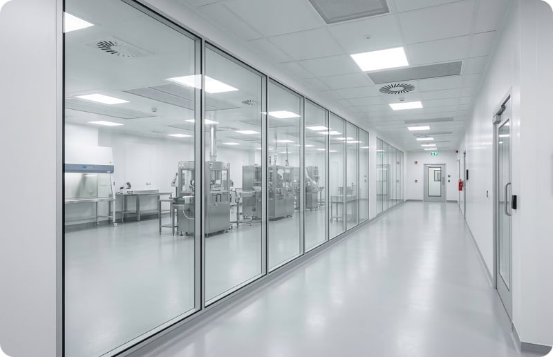 Pharmaceutical cleanroom corridor with glass-walled manufacturing suites containing sterile processing equipment