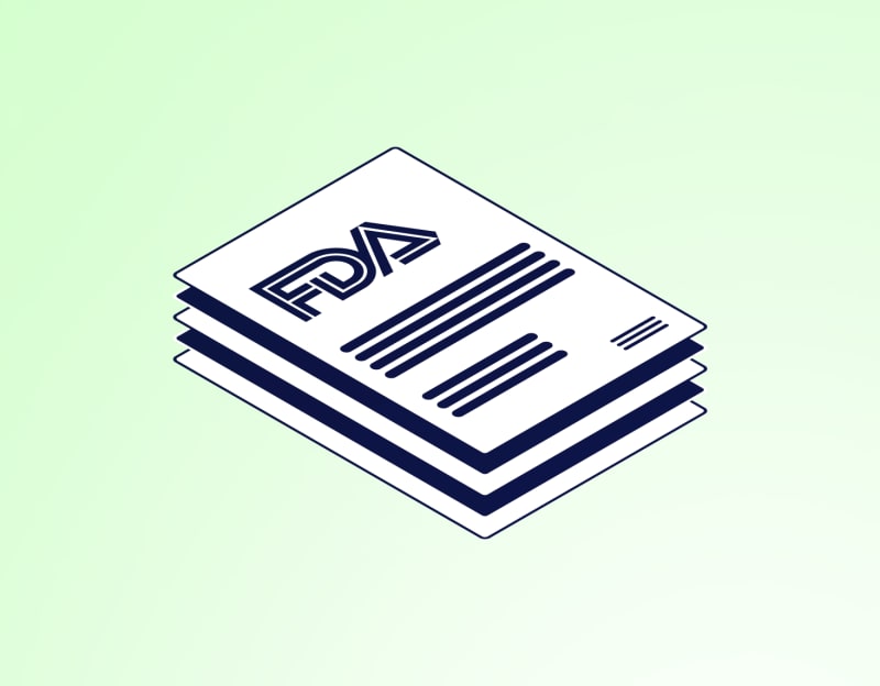 Isometric illustration of stacked FDA documents on a light green background