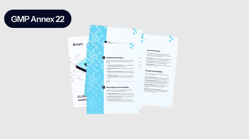 GMP Annex 22 EU GMP compliance reading guide document pages fanned out, branded by Eupry