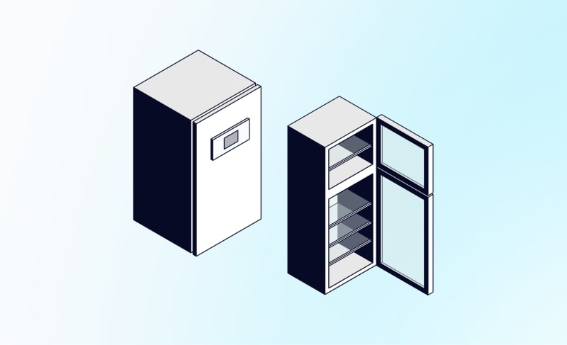 Two isometric illustrations of a refrigerator: one closed with a display panel, one open showing empty shelves inside.
