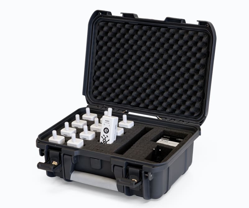 Eupry temperature mapping kit in open protective hard case with foam insert, containing wireless sensors and RUT241 router