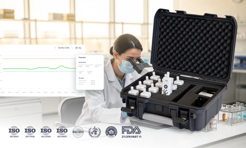 Lab scientist using microscope beside Eupry temperature mapping kit case with sensors and compliance dashboard overlay