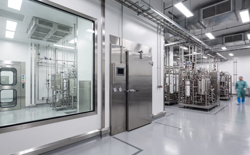 Sterile pharmaceutical production facility with stainless steel bioprocessing equipment and a technician in gowned attire.
