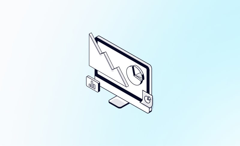 Isometric illustration of a desktop monitor displaying analytics charts and a pie graph with data visualization icons