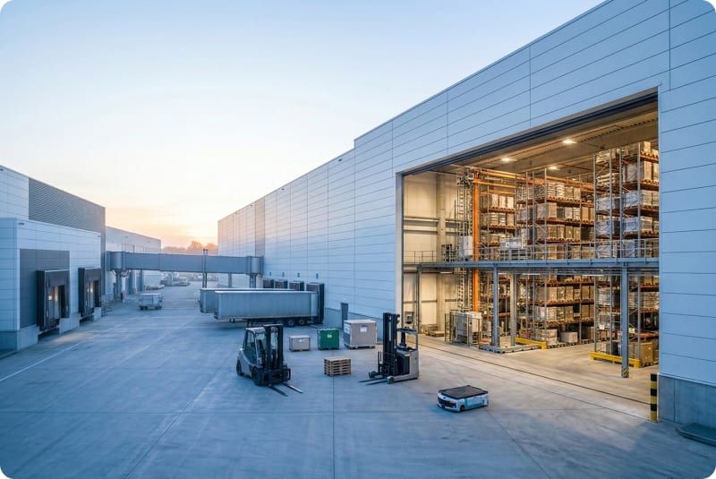 Modern pharmaceutical warehouse exterior at dusk with forklifts, loading dock, tall storage racks, and automated ground robot visible.