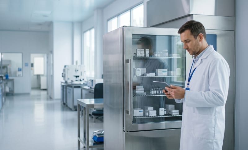 Scientist in lab coat using a tablet to check inventory beside a glass-door pharmaceutical storage refrigerator.