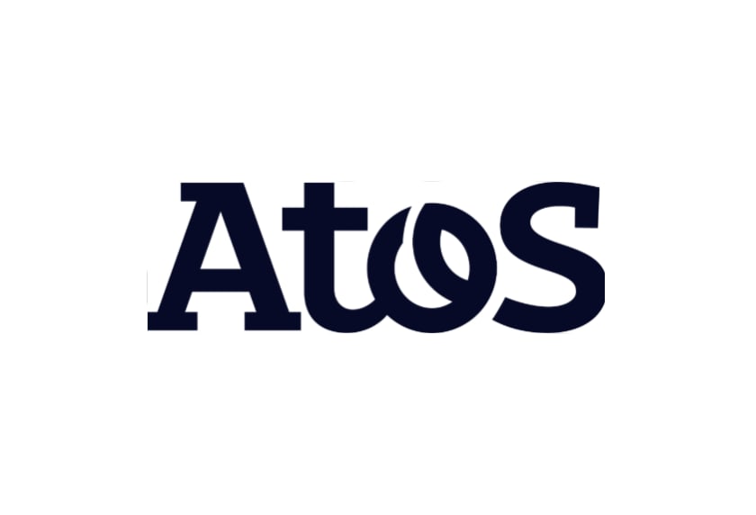 Atos company logo in dark navy blue text on white background
