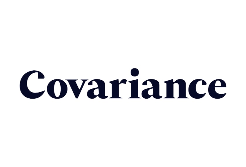 Covariance company logo in dark navy serif font on white background