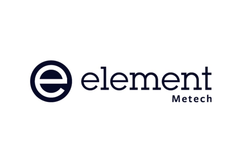 Element Metech logo with stylized letter e in dark navy circle and company name in navy text