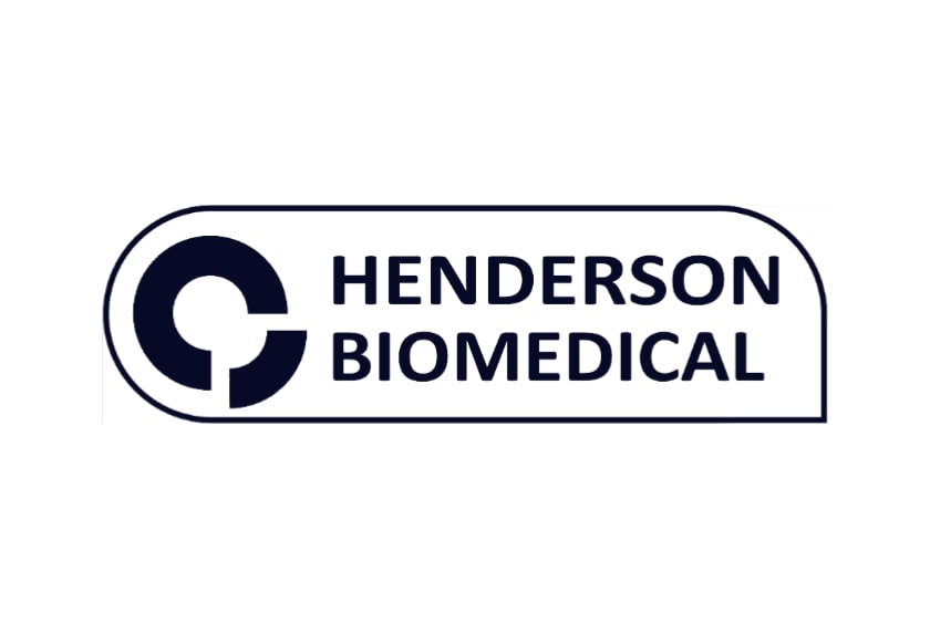 Henderson Biomedical logo with dark navy circular icon and bold company name text inside rounded rectangle border