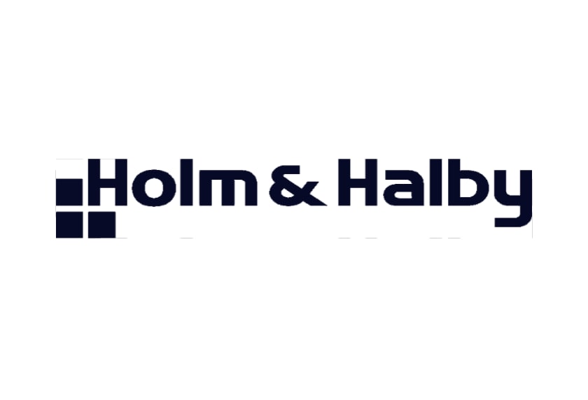 Holm & Halby company logo in dark navy blue text with square grid icon on white background