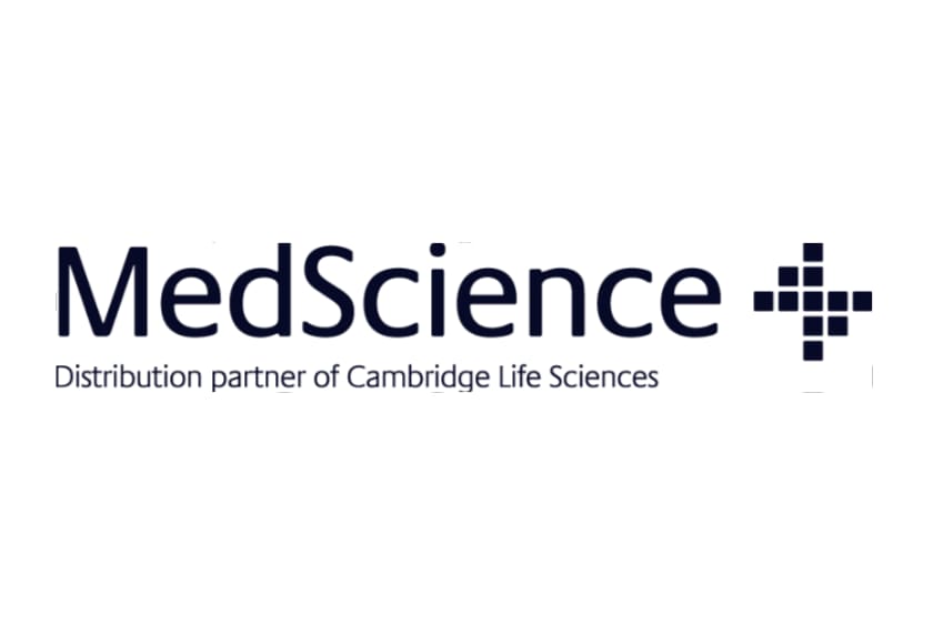MedScience logo with blue cross symbol, tagline reading Distribution partner of Cambridge Life Sciences