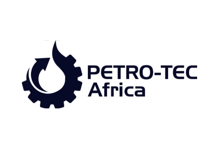 Petro-Tec Africa logo featuring a dark navy gear icon with a flame and oil drop symbol beside bold company name text