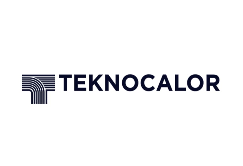 Teknocalor company logo featuring a stylized letter T with horizontal lines and bold dark navy text