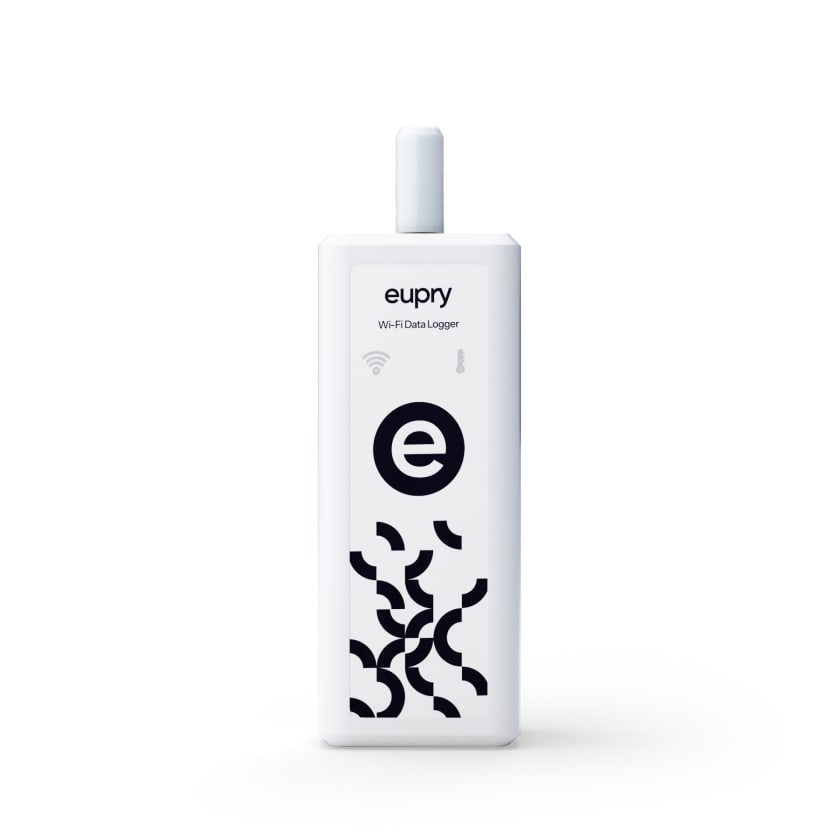 Eupry Wi-Fi data logger device, white rectangular unit with antenna, brand logo, and decorative pattern