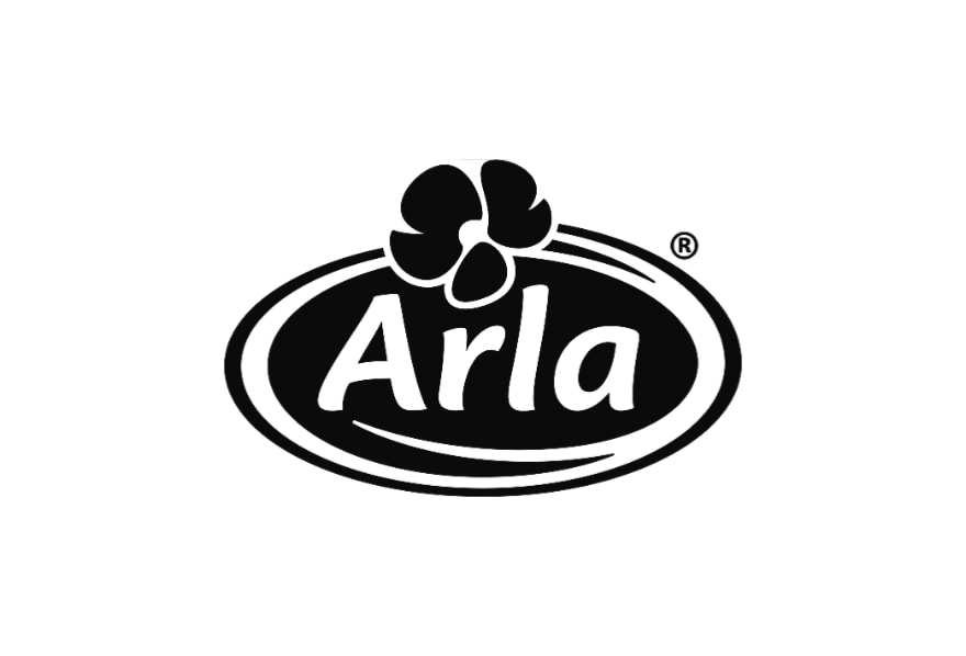 Arla brand logo in black and white, featuring the company name in an oval with a floral emblem above