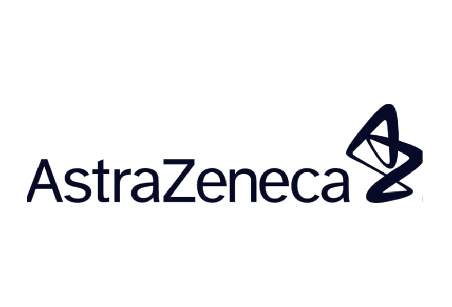 AstraZeneca logo in dark navy blue text with geometric diamond arrow symbol on white background