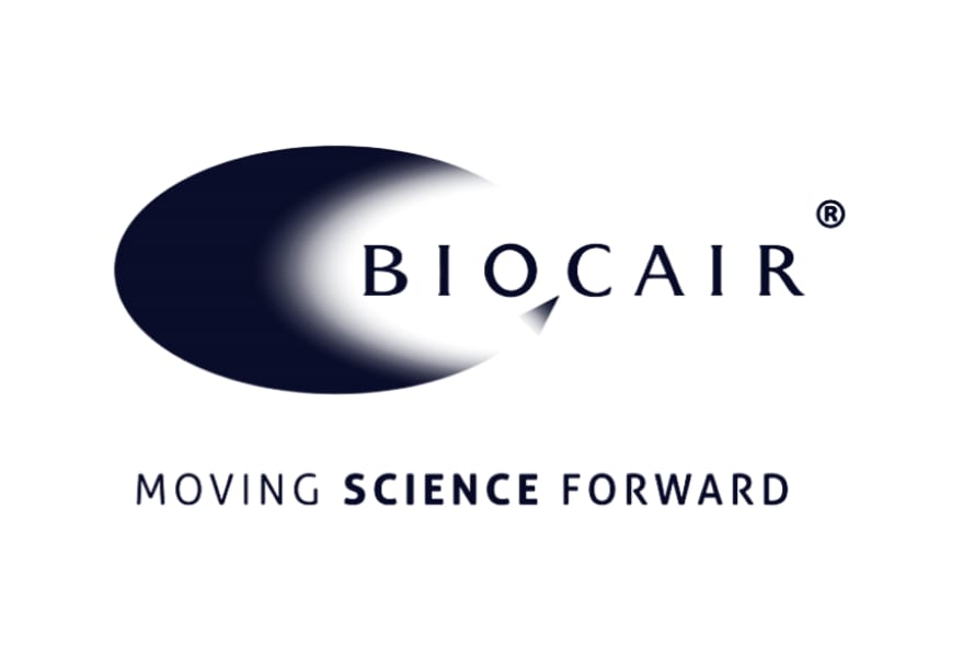 Biocair logo with dark navy oval shape and tagline Moving Science Forward on white background