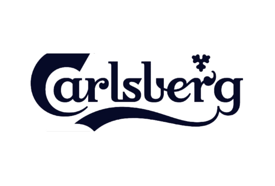 Carlsberg brand logo in dark navy blue script font with decorative swirl and hop icon