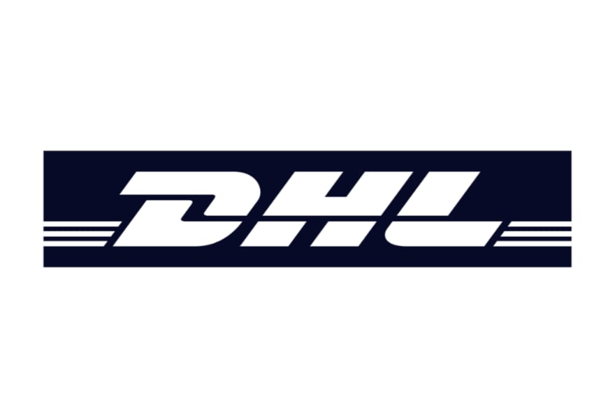 DHL logo in white text on a dark navy blue rectangular background with horizontal speed lines