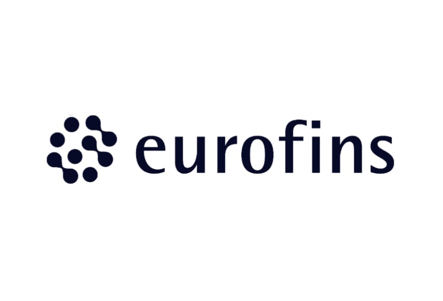 Eurofins company logo with dark navy text and molecular dot cluster icon on white background
