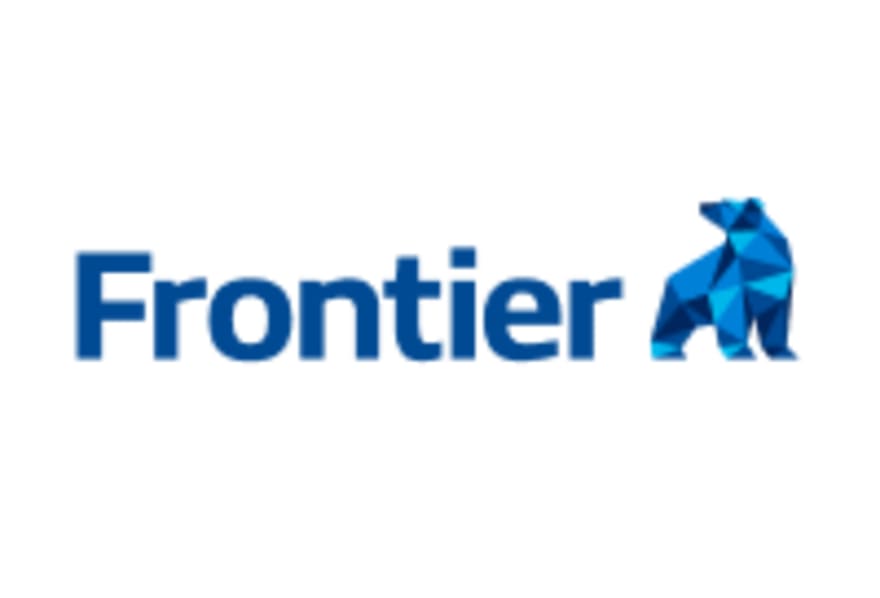 Frontier company logo with blue text and geometric polar bear icon