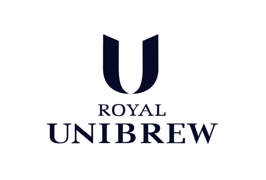 Royal Unibrew logo featuring a dark navy stylized U lettermark above the text ROYAL UNIBREW