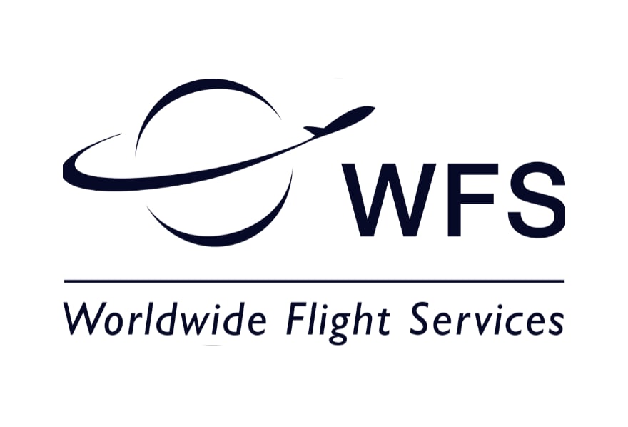 WFS Worldwide Flight Services logo with dark navy airplane orbiting a globe graphic