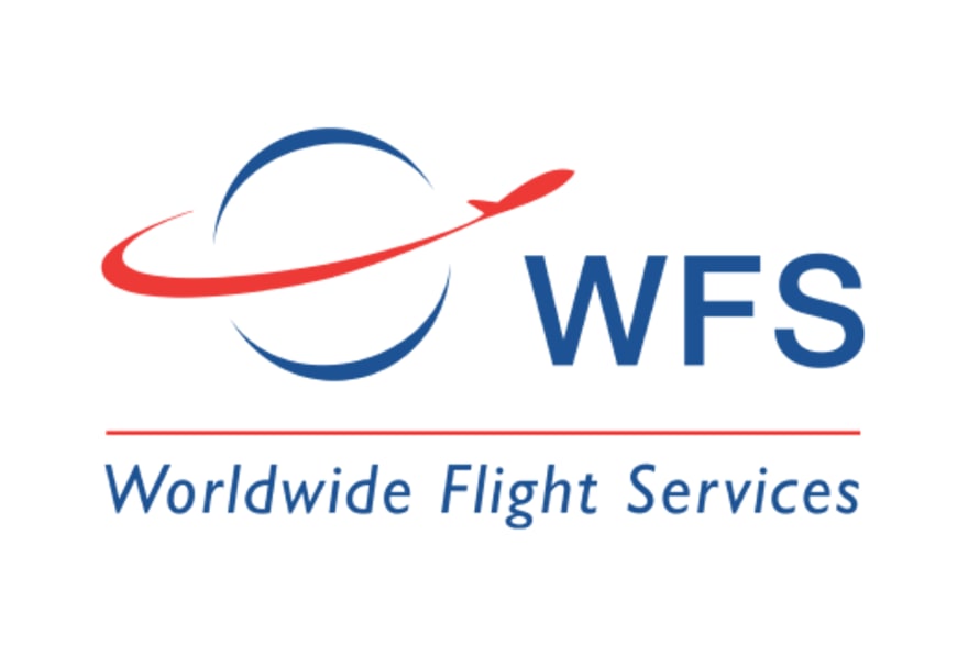 WFS Worldwide Flight Services logo with blue circle, red airplane swoosh, and blue bold text on white background