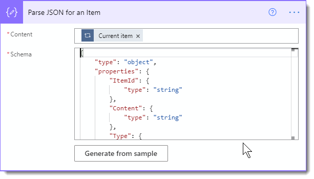 Figure 6: The Power Automate Parse JSON action tile The Power Automate Parse JSON action tile