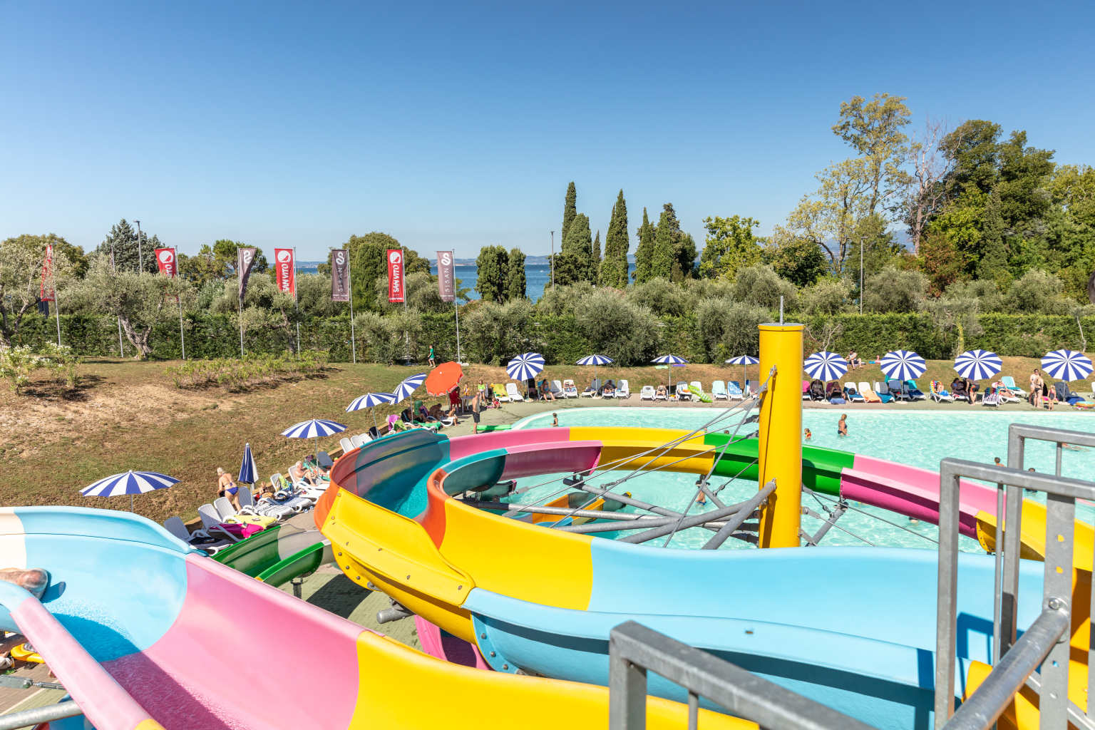 Colourful waterslides at Cisano San Vito campsite, Lake Garda