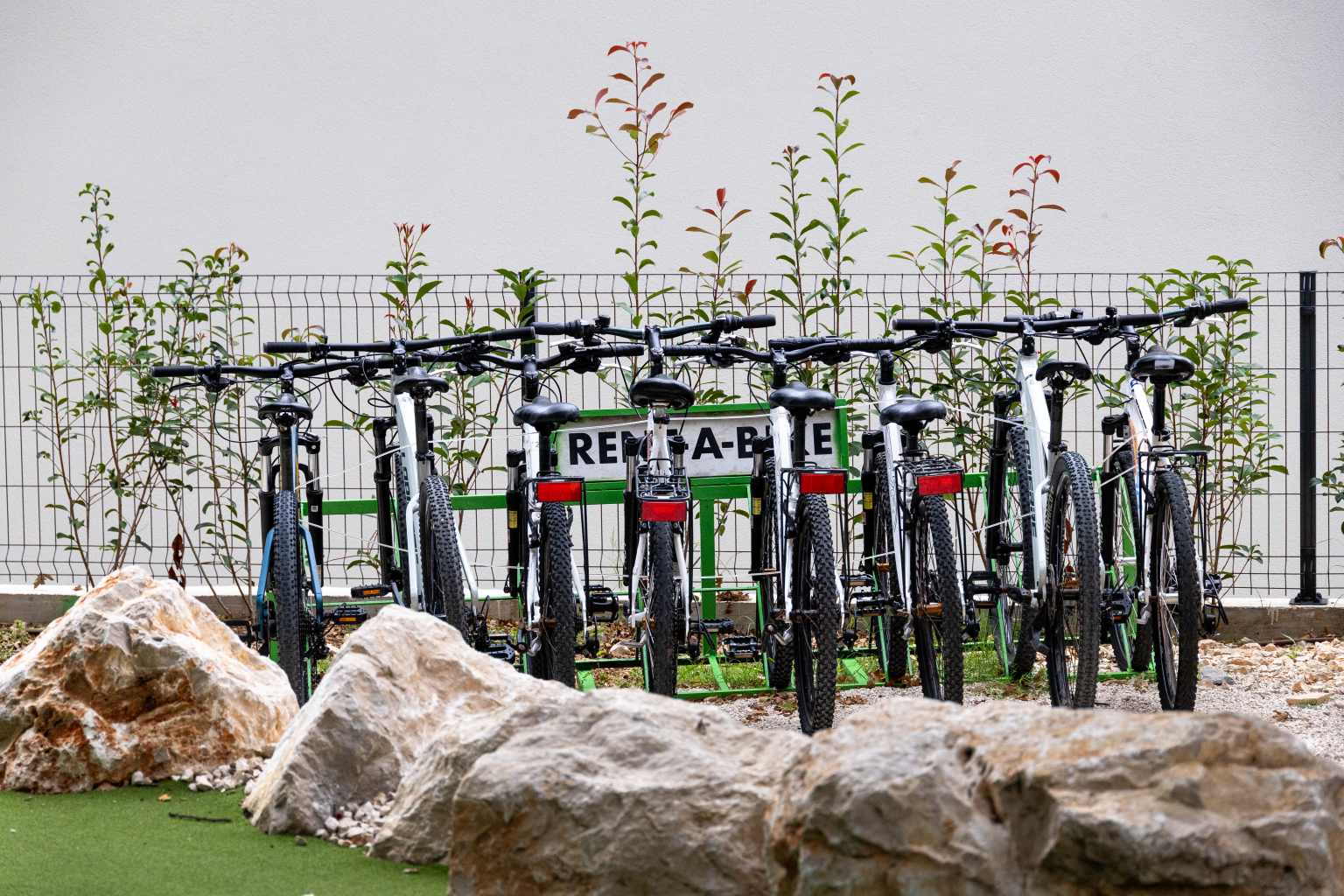 Bikes lined up at the Rent a Bike stand at Bijela Uvala campsite, Porec, Croatia