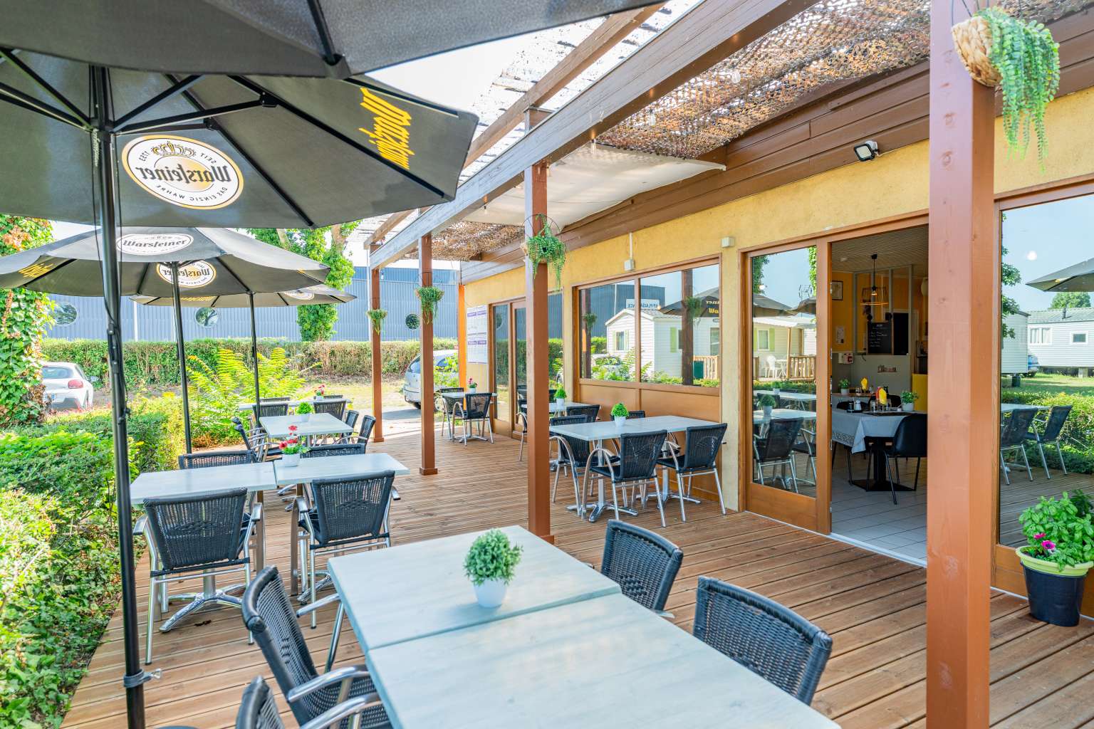 Outside bar terrace at L'Ile du Rhin campsite, Alsace, France