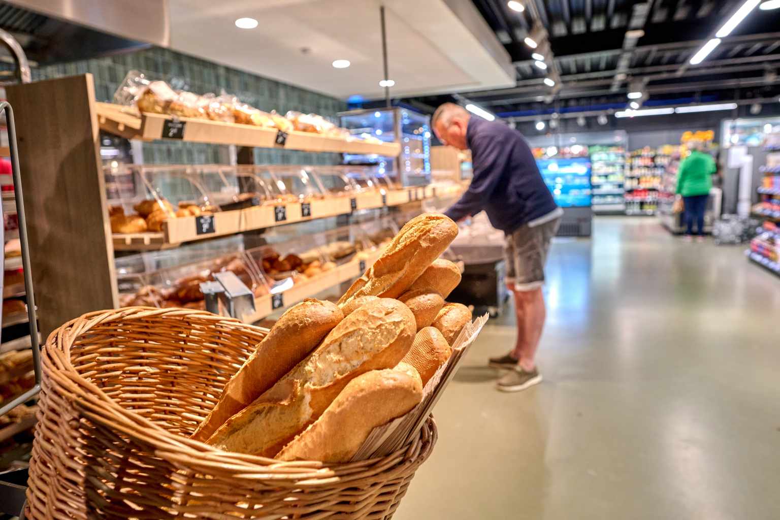 Baguettes in the bakery section of the large on site store at Camping de Twee Bruggen in the Netherlands