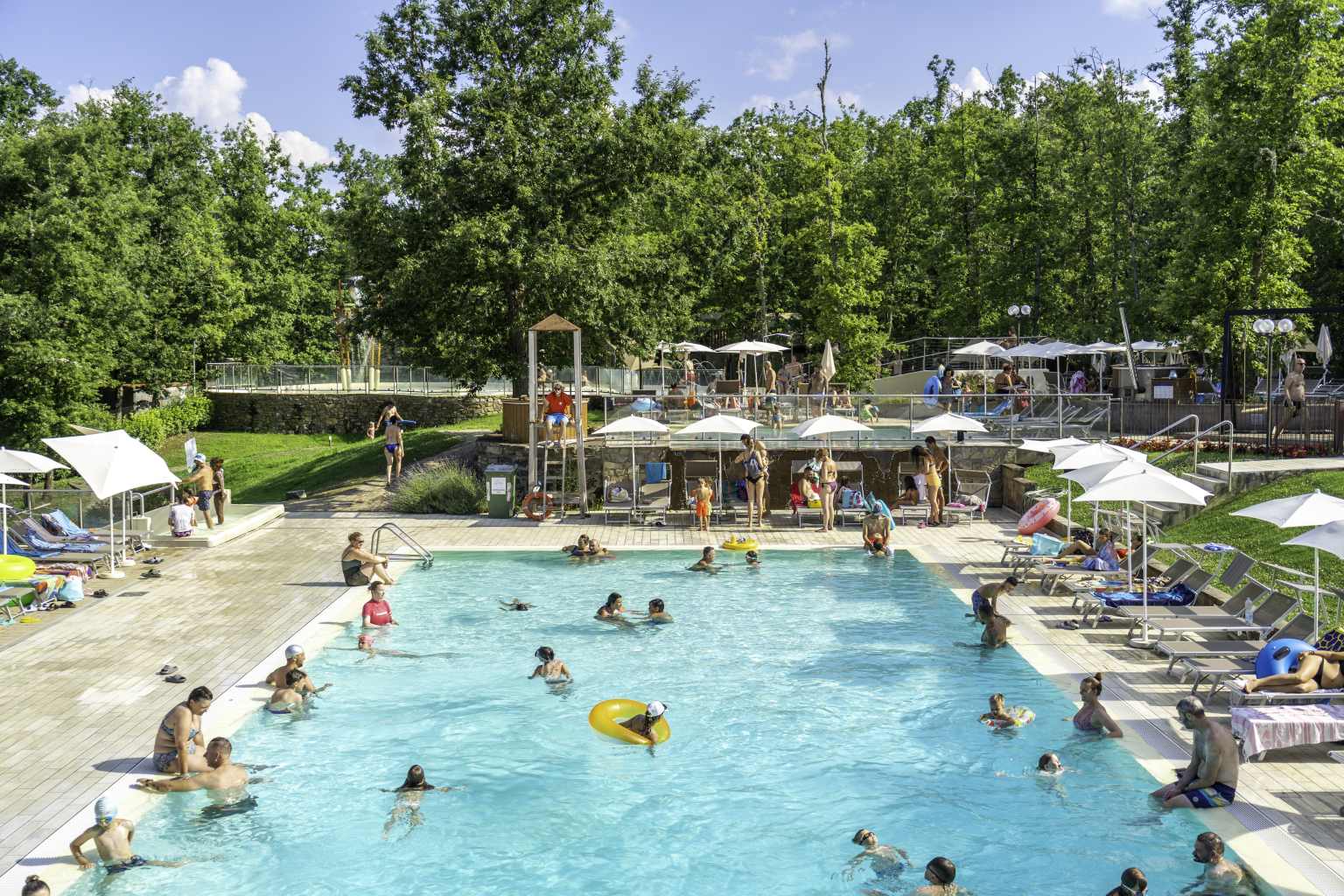 Families swimming in the rectangular pool at Camping Orlando in Chianti, Tuscany