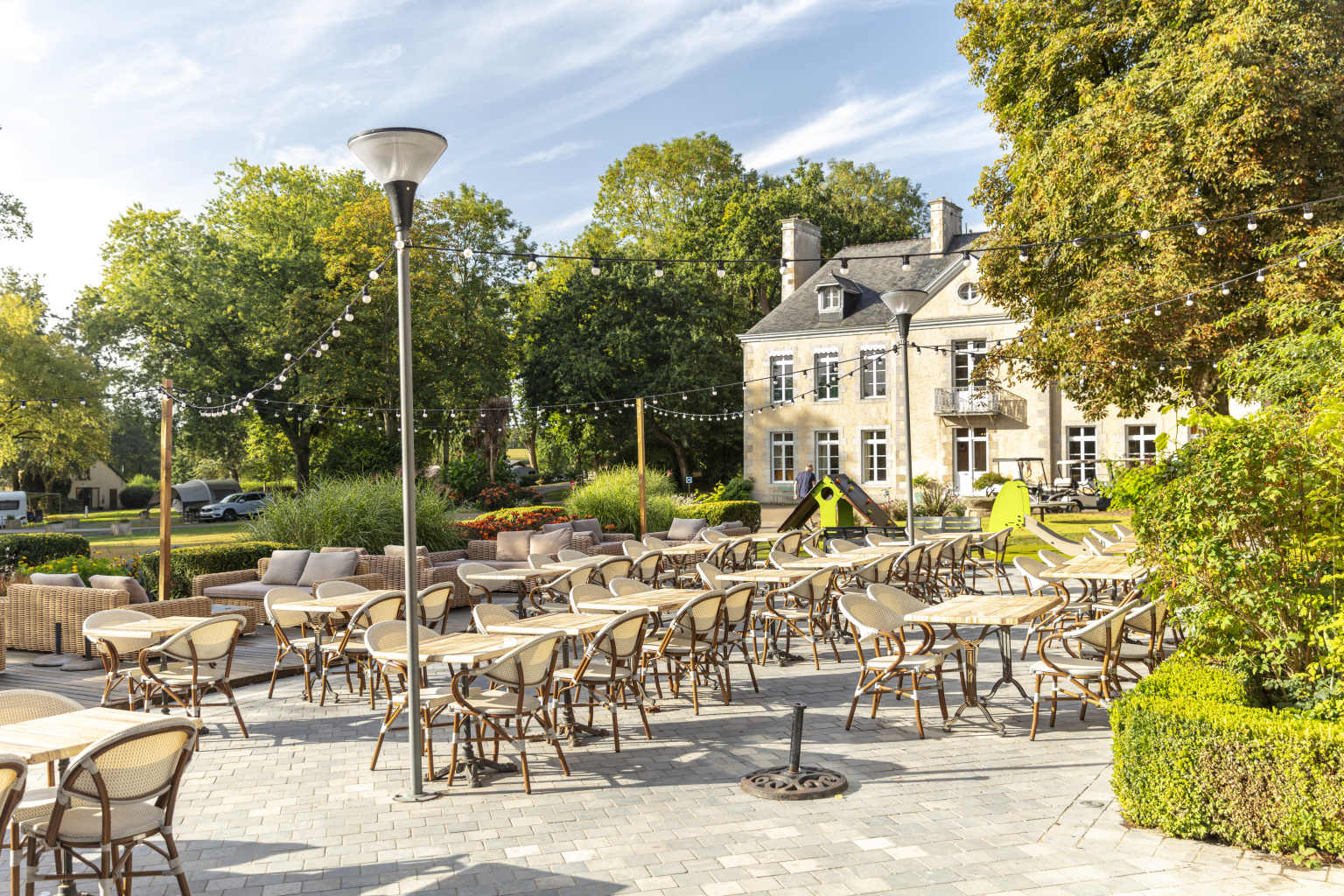 Chateau Lez Eaux, campsite, St Pair-sur-Mer, Normandy, bar terrace