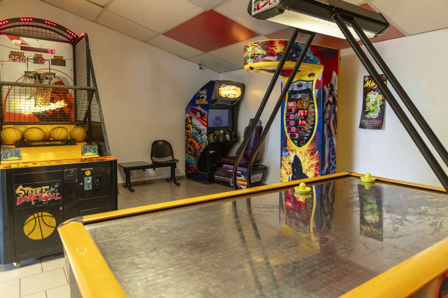 Indoor games room at Les Fontaines campsite, Ivry-la-Bataille, France
