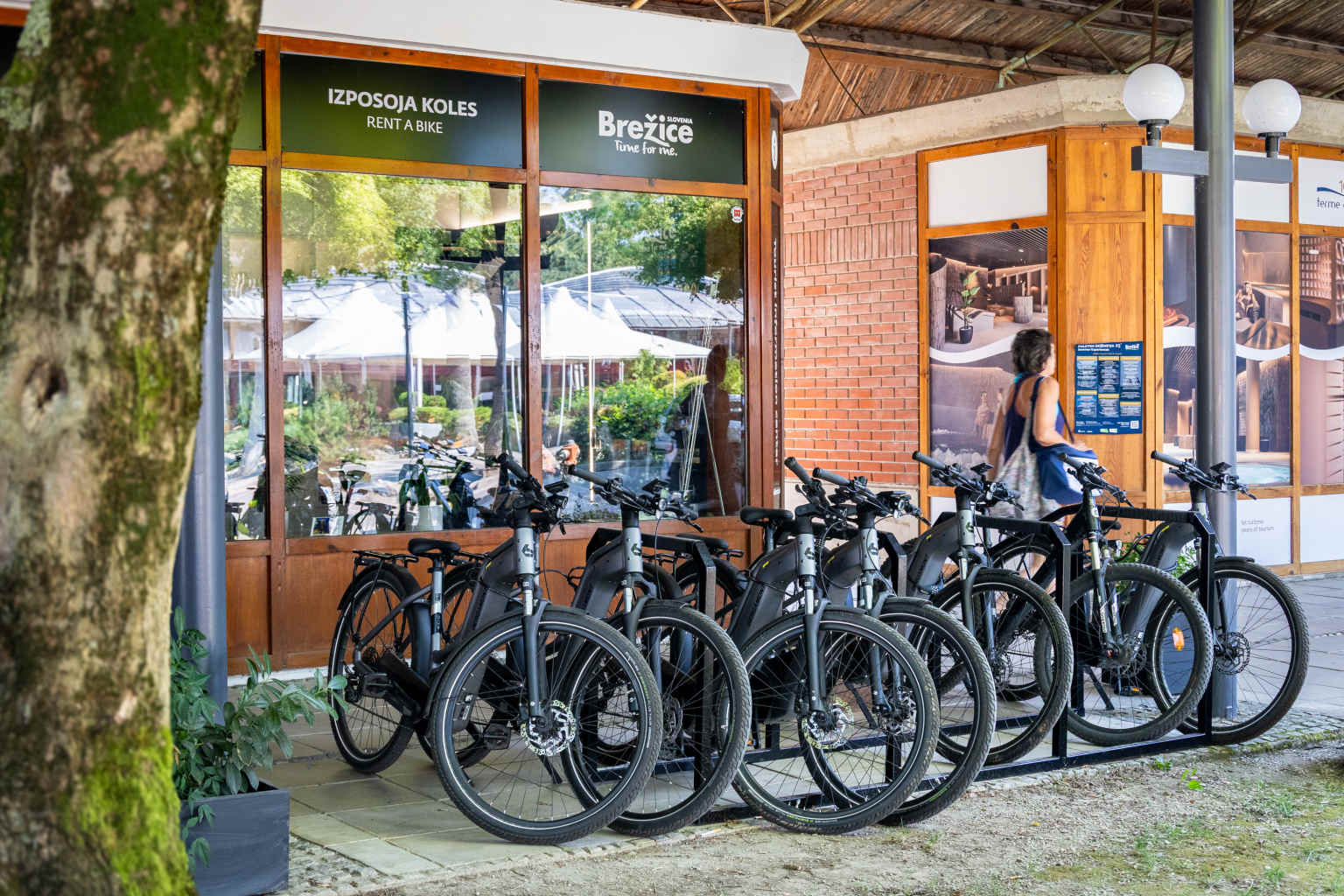 Bikes for hire at the Rent a Bike kiosk at Terme Čatež campsite in Slovenia