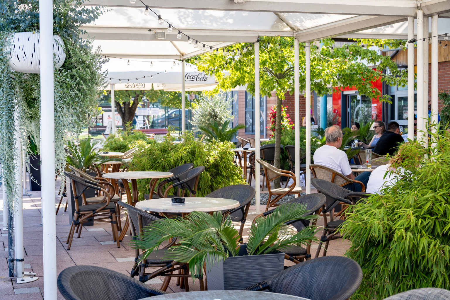 People having drinks on shaded bar terrace, plants and shrubs, at Terme Čatež campsite in Slovenia