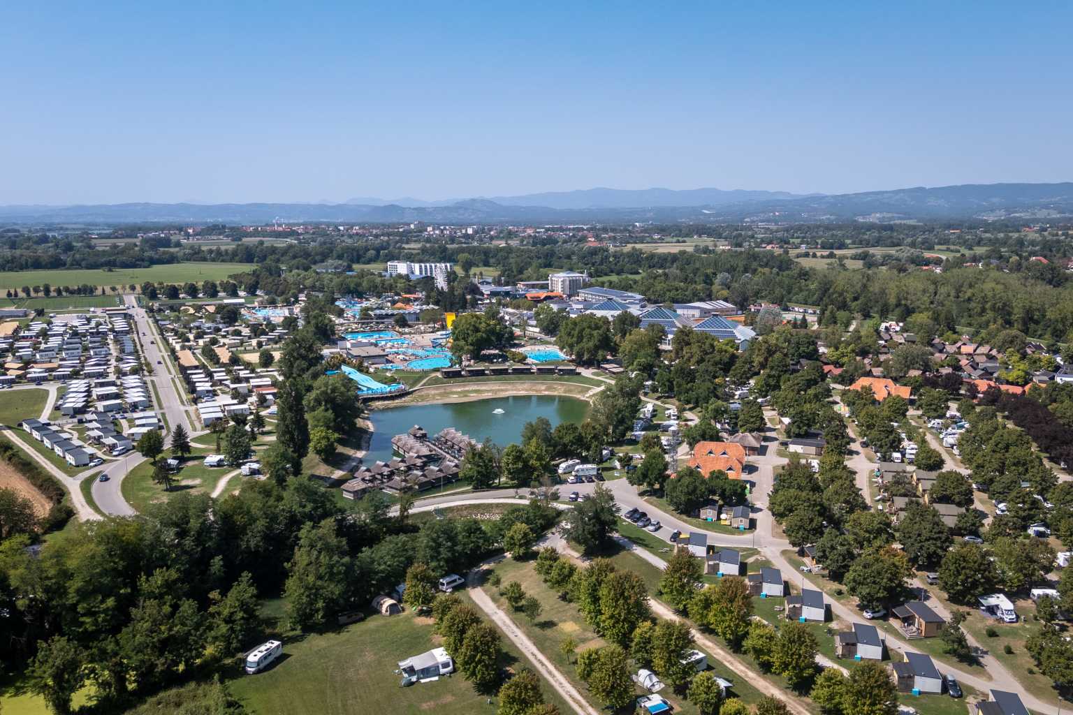 Aerail view of the lake at the heart of Terme Čatež campsite in Slovenia