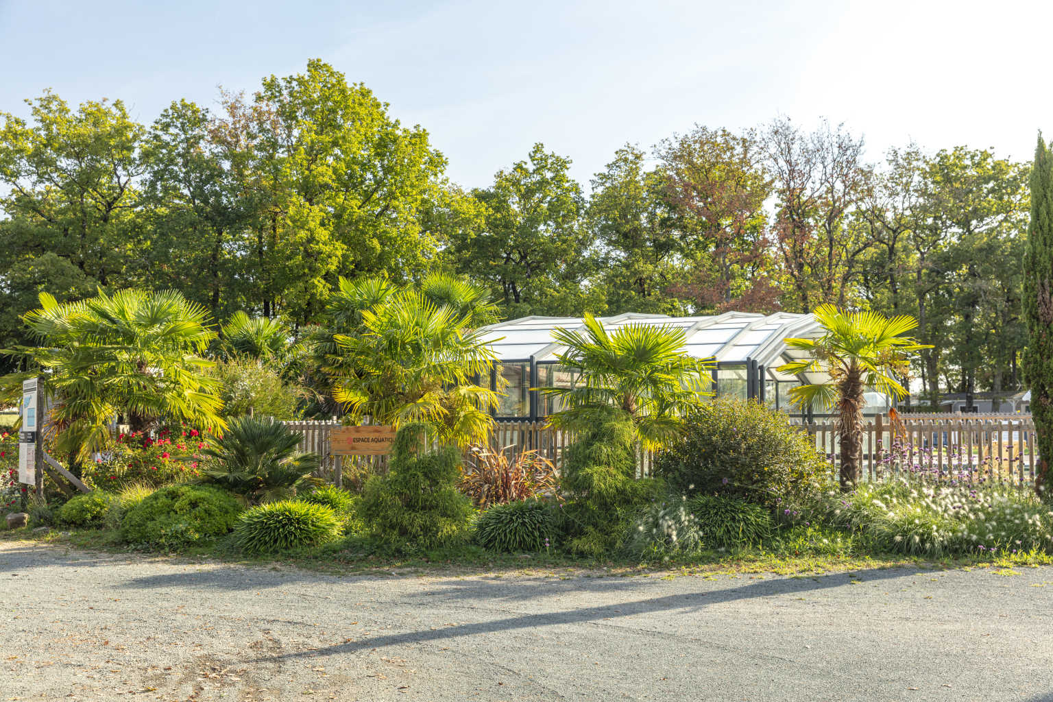 Covered pool peeking through lush planting of flowering shrubs, palms and trees at Coeur de Vendée campsite in France
