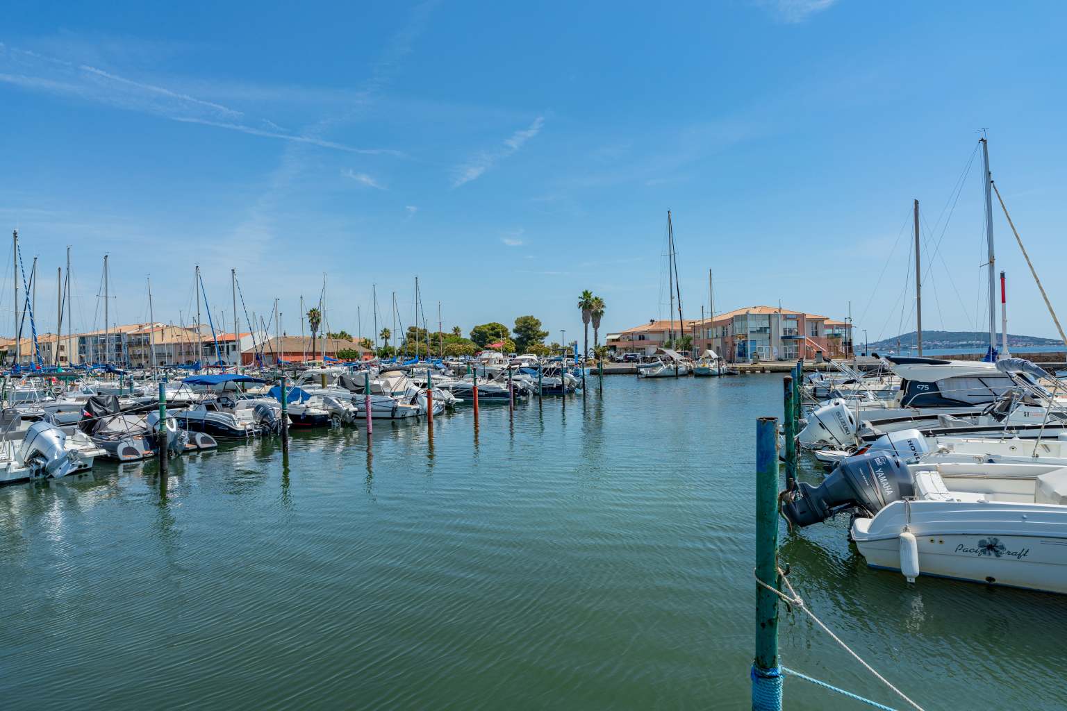 Boats and yachts moored in rows at the harbour near Sete, Languedoc